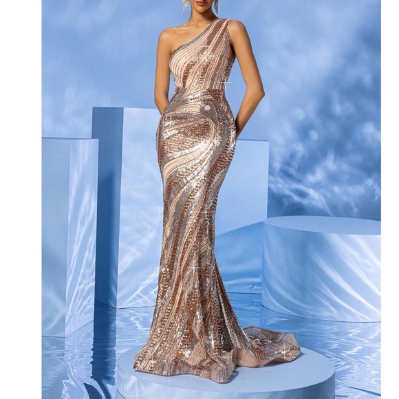 Luxe Sequin One Shoulder Party Evening Wedding Prom Dress - Picture 2 of 9